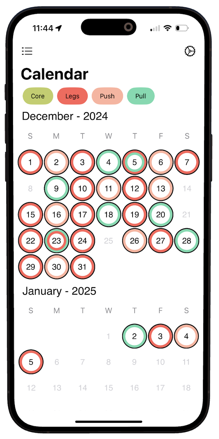 Progressive Overload app - calendar